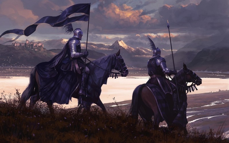 digital art, knight, soldier, horse, flag, warrior, mountains, spear, army, castle