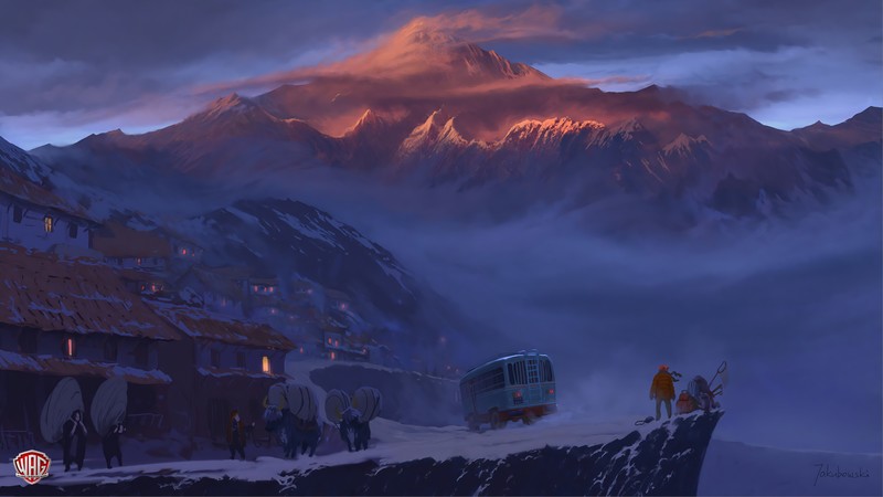 fantasy art, mountains, nature, village, buses, vehicle