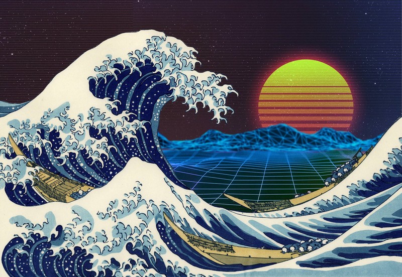 retrowave, Retro style, sea, waves, sunset, purple, digital art, digital, blue, purple background, OutRun