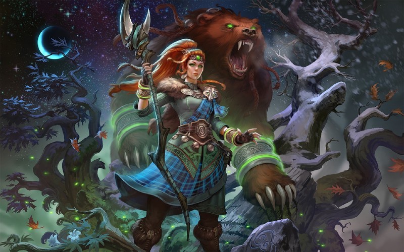 digital art, women, warrior, magician, night, Moon, animals, fantasy art, redhead, trees, Smite