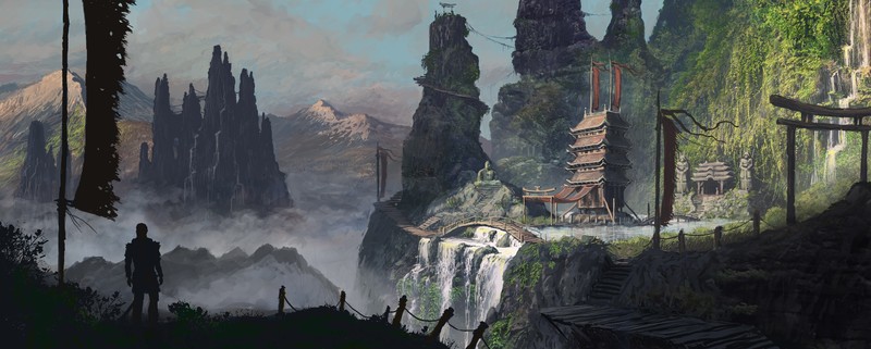 digital art, warrior, samurai, landscape, temple, Asia, mountains, fantasy art, environment, statue