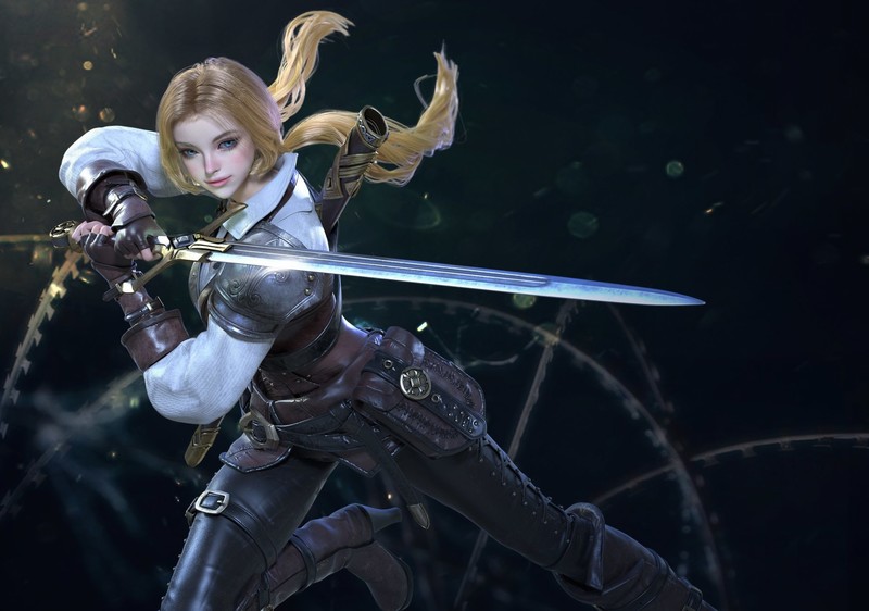 digital art, women, blonde, warrior, sword, fantasy art, Arena of Valor, Changsoon Park