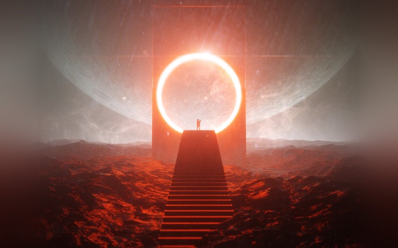 futuristic, couple, planet, Portal, stairs