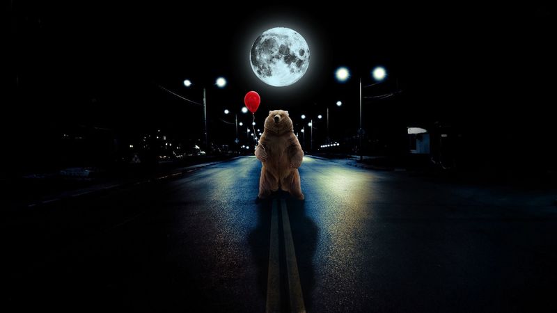 bear, balloon, full moon, road, photoshop, 4k