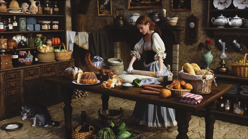 artwork, women, kitchen, food, interior, 3D