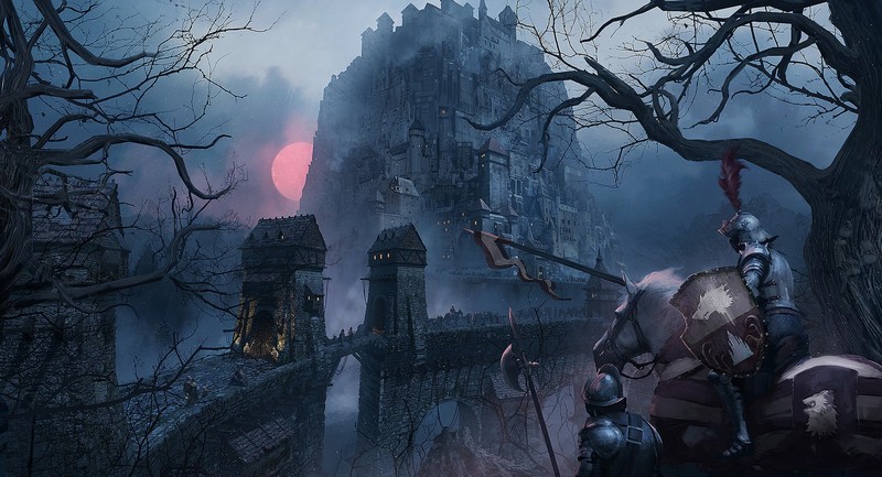 digital art, warrior, knight, horse, shield, Sun, medieval, castle, fantasy art, Joakim Ericsson