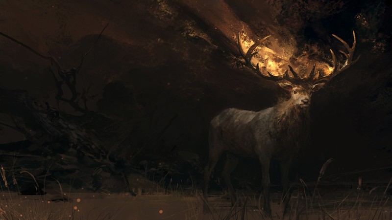 fantasy art, deer, horns, fire, animals, digital art, dark fantasy, su jian