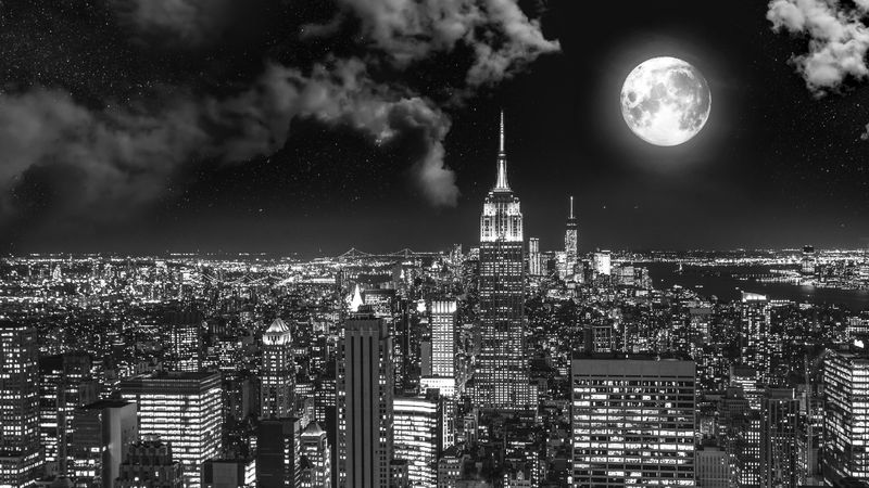 night city, bw, full moon, new york, usa, 4k