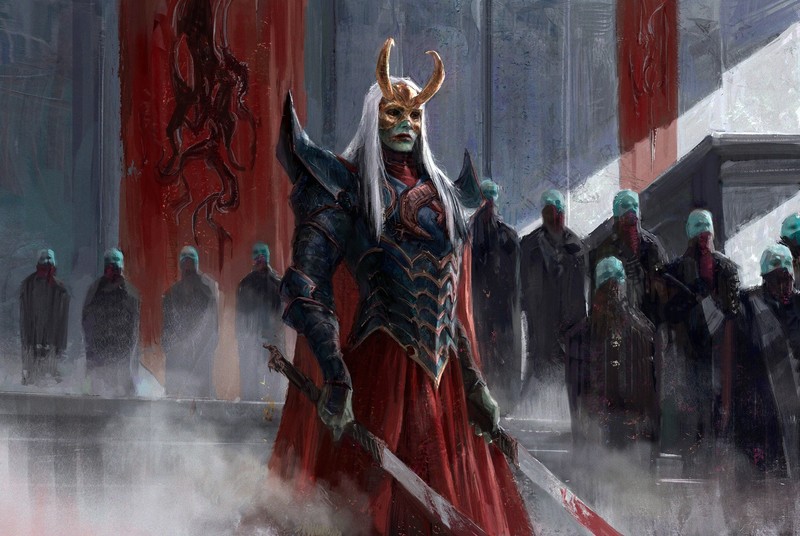 digital art, warrior, white hair, sword, horns, fantasy art, Min Gyu Lee, mask