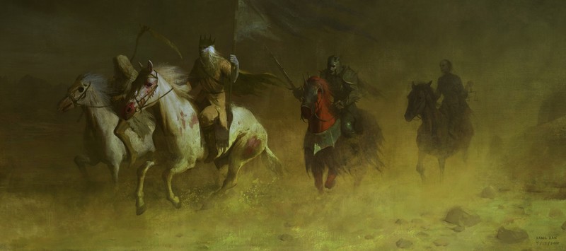 digital art, army, warrior, mask, horse, dark fantasy, war, fantasy art, flag, king, Four Horsemen of the Apocalypse