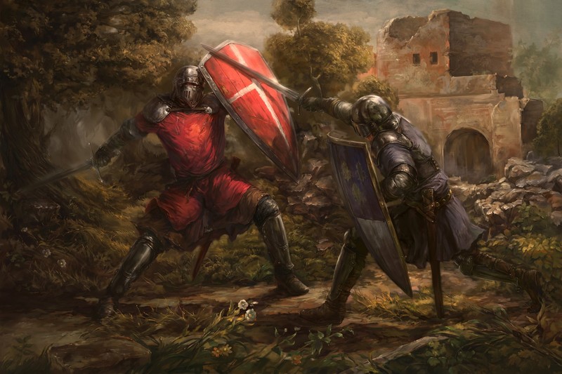 digital art, warrior, knight, sword, shield, medieval, war