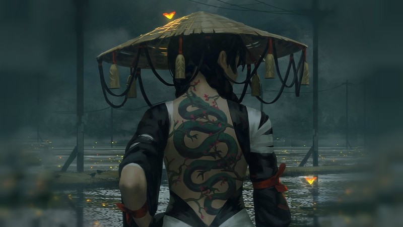 GUWEIZ, tattoo, hat, women, warrior, fantasy girl, dragon, Z.W. Gu, Asia, artwork, fantasy art, braided hair, black hair, long hair
