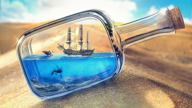 bottles, sand, ship in a bottle