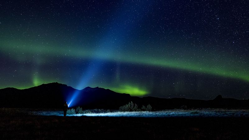 starry sky, silhouette, northern lights, loneliness, light, night, 4k