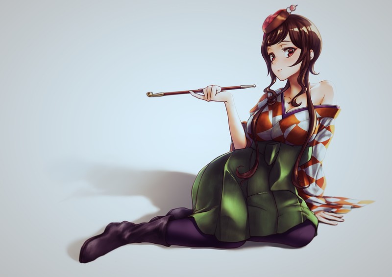 Zombieland Saga, anime girls, red eyes, yukata, Zombie 5 / Yugiri, 2D, Japanese kimono, cleavage, big boobs, smiling, brunette, long hair, messy hair, pantyhose, black boots, thigh high boots, simple background, looking at viewer, fan art