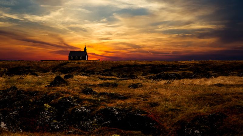 church, temple, horizon, sunset, grass, sky, iceland, 4k