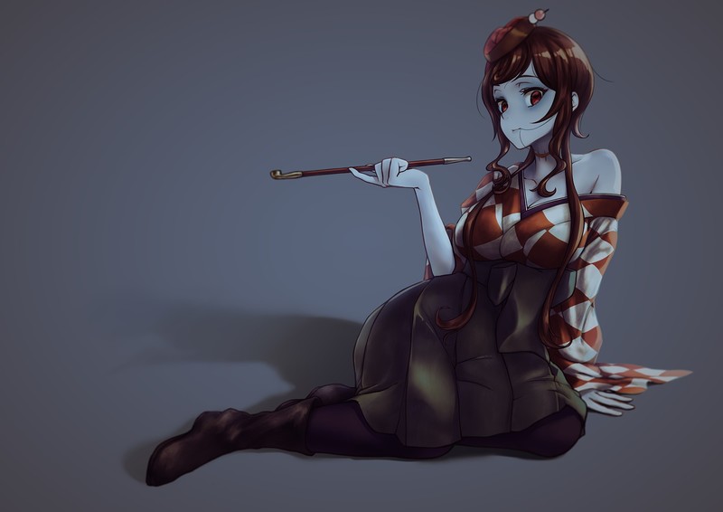 Zombieland Saga, anime girls, red eyes, yukata, Zombie 5 / Yugiri, monster girl, zombies, Japanese kimono, scars, long hair, brunette, big boobs, pantyhose, black boots, thigh high boots, hair in face, looking at viewer, messy hair, 2D, fan art