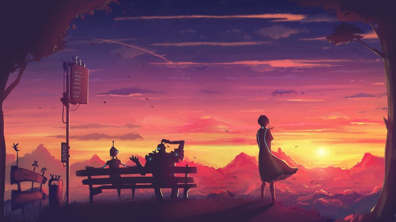 digital art, robot, landscape, mountains, futuristic, sunset, science fiction