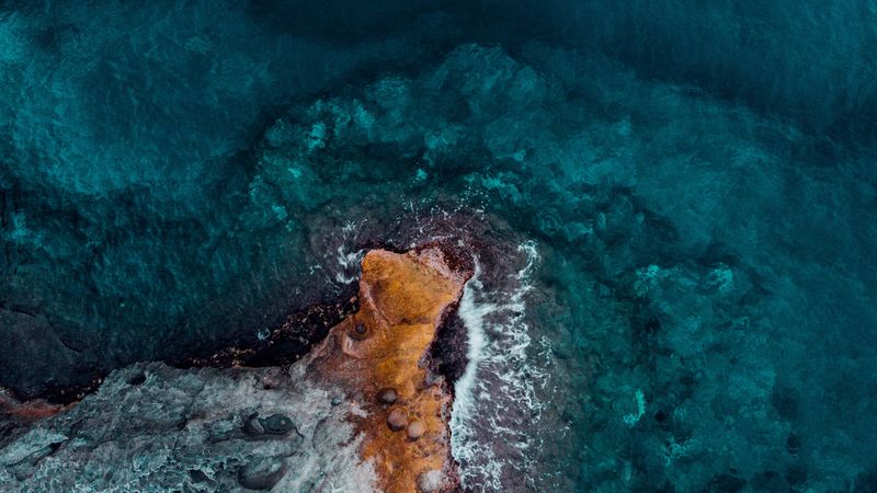 ocean, shore, top view, surf, water, stones, 4k