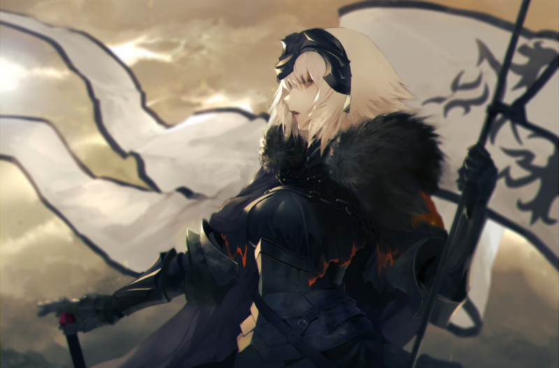 Jeanne (Alter) (Fate/Grand Order), Jeanne dArc alter, Avenger (Fate/Grand Order), Fate/Grand Order, Fate Series, short hair, sword, flag, blond hair, knight, anime girls, video games, anime