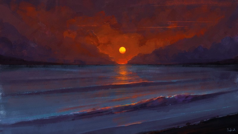 digital art, landscape, sea, sunset, painting, Sephiroth