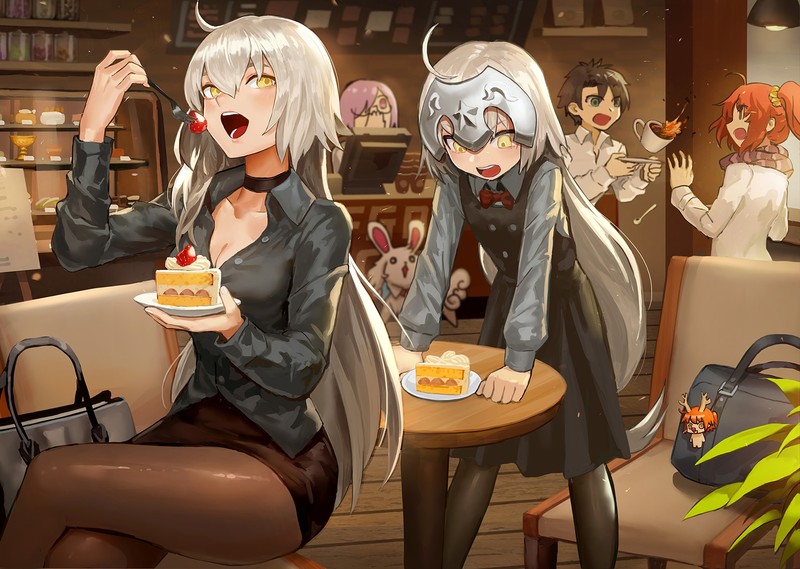 Jeanne (Alter) (Fate/Grand Order), Avenger (Fate/Grand Order), Berserker (Fate/Grand Order), Lancer (Fate/Grand Order), food, cake, Fate/Grand Order, Fate Series, long hair, yellow eyes, restaurant, pantyhose, anime, anime girls, white hair, cleavage