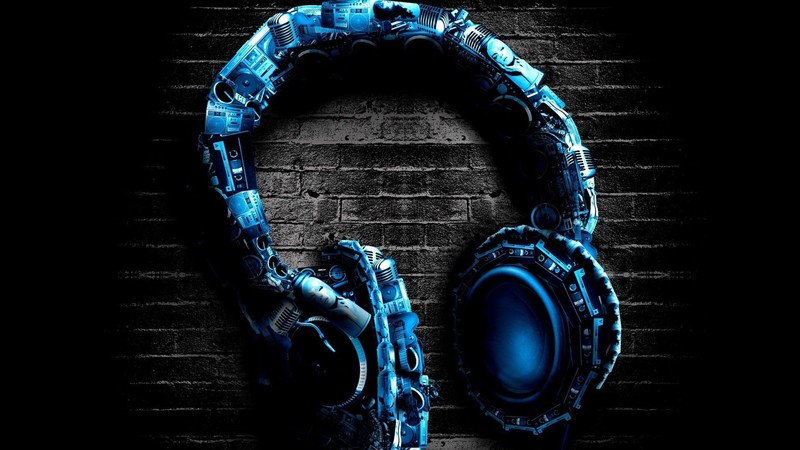 black background, minimalism, headphones, collage, microphone, cassette, boom box, music, wall, bricks