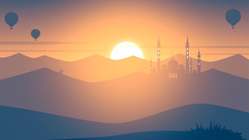 digital art, landscape, mosque, sunset, mountains, minimalism, illustration, hot air balloons