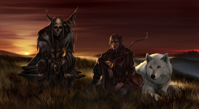 digital art, fantasy art, nature, artwork, fan art, skull, men, wolf, Grim Reaper, sunset, warrior, bow, horns