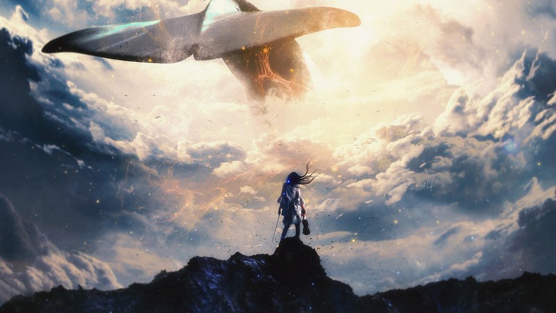 fantasy art, women, clouds, whale, violin