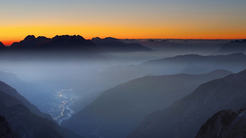 sunset, mountains, valley, orange sky, landscape, mist, silhouette