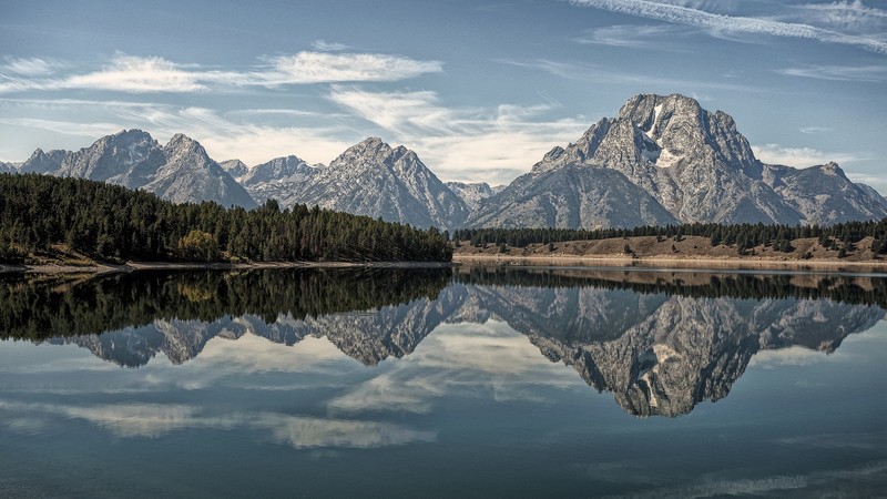 lake, mountains, forest, reflection, clouds, landscape, mount moran, Grand Teton National Park