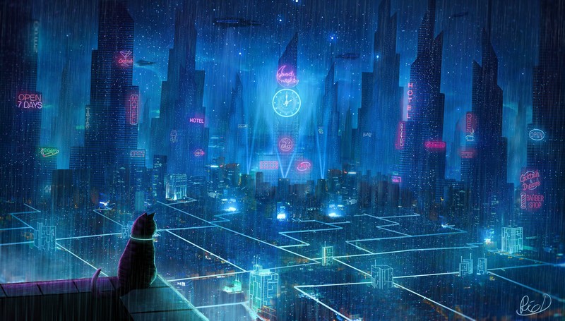 digital art, city, futuristic, cats, fantasy art, science fiction, looking into the distance, cyan