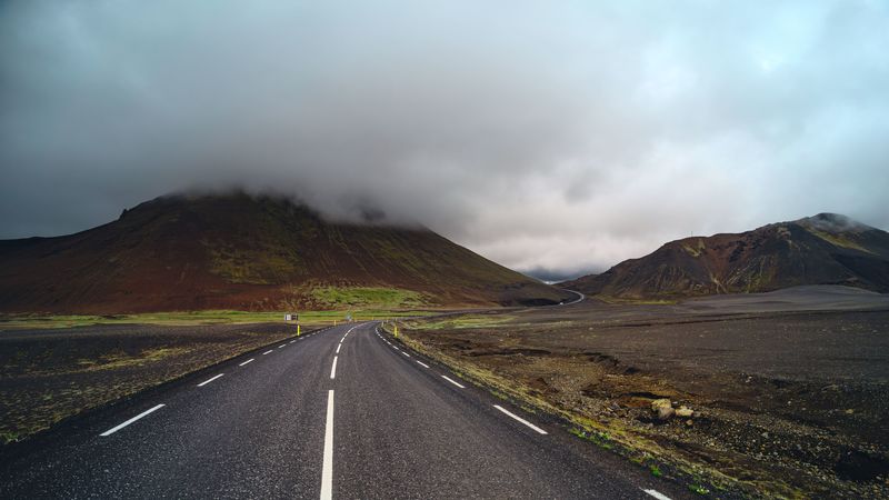mountains, fog, road, marking, 4k