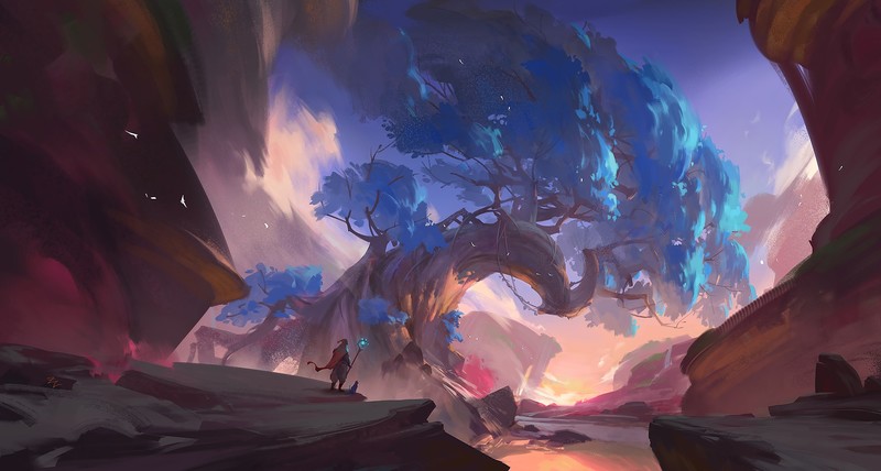 illustration, magician, mountains, tree bark, fantasy art, drawing
