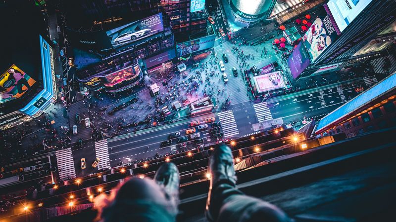 night city, top view, legs, roof, overview, megalopolis, new york, usa, 4k