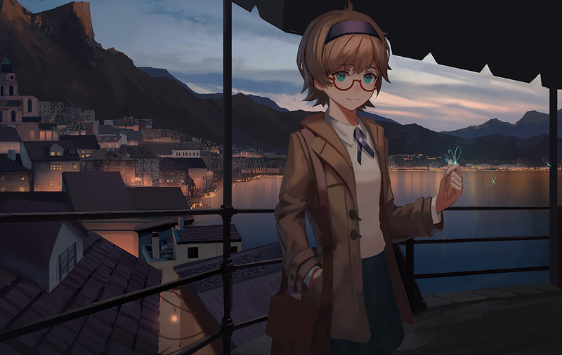 anime, anime girls, Little Witch Academia, Yansson Lotte, fan art, landscape, school uniform, dusk, lake, white skin, short hair, brunette, green eyes