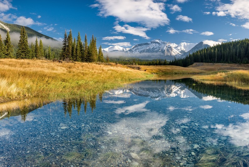landscape, snow, mountains, forest, clouds, pond, reflection, Banff National Park