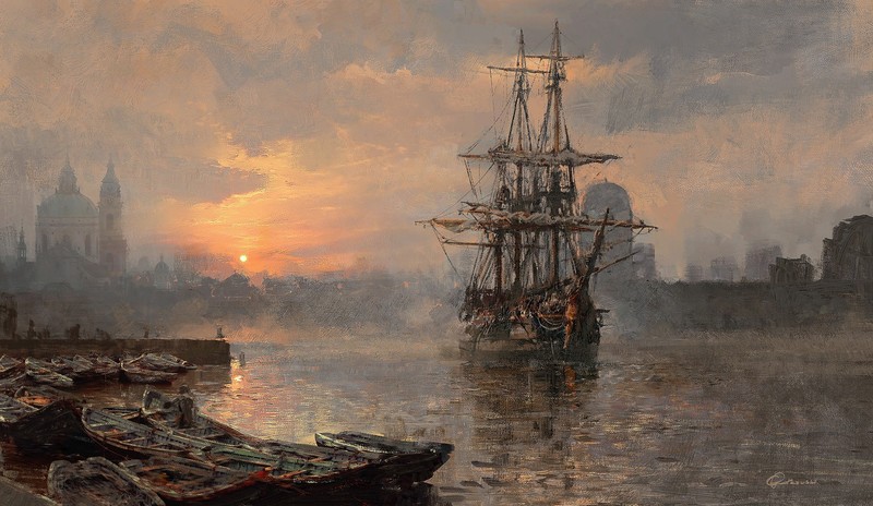 digital, artwork, ship, landscape