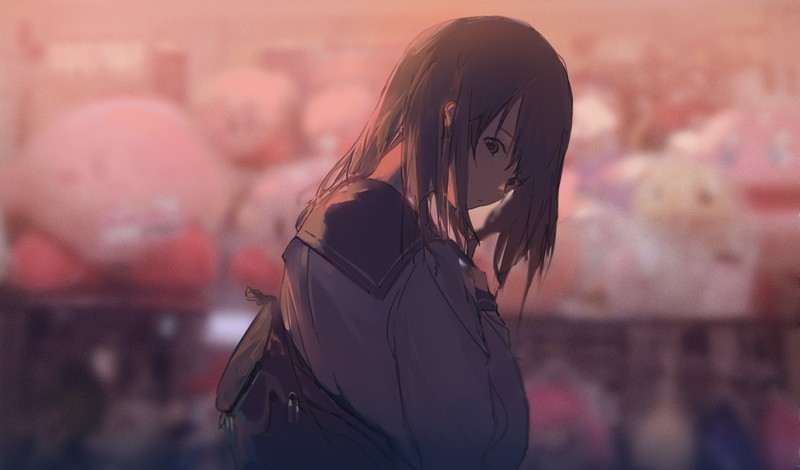 anime girls, brunette, school uniform, JK, long hair, looking at viewer, looking back, 2D, original characters, brown eyes, depth of field