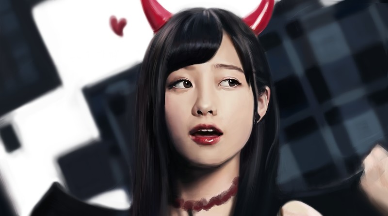 Kanna Hashimoto, long hair, Asian, women, horns, red lipstick, looking away, dark hair