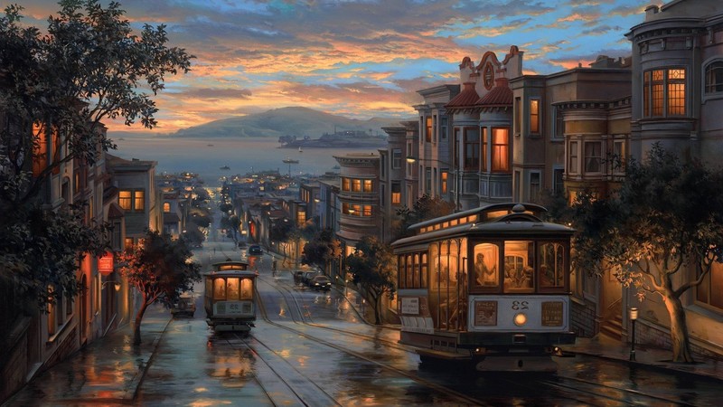 digital art, city, vehicle, street, San Francisco
