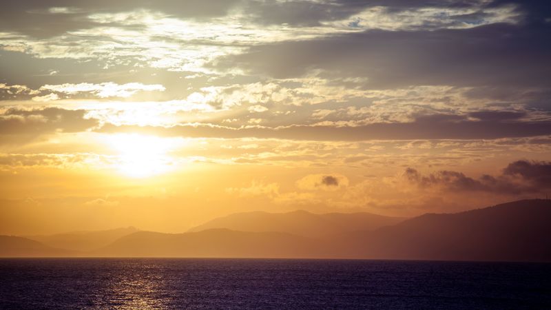 sea, horizon, sunset, clouds, mountains, fog, 4k
