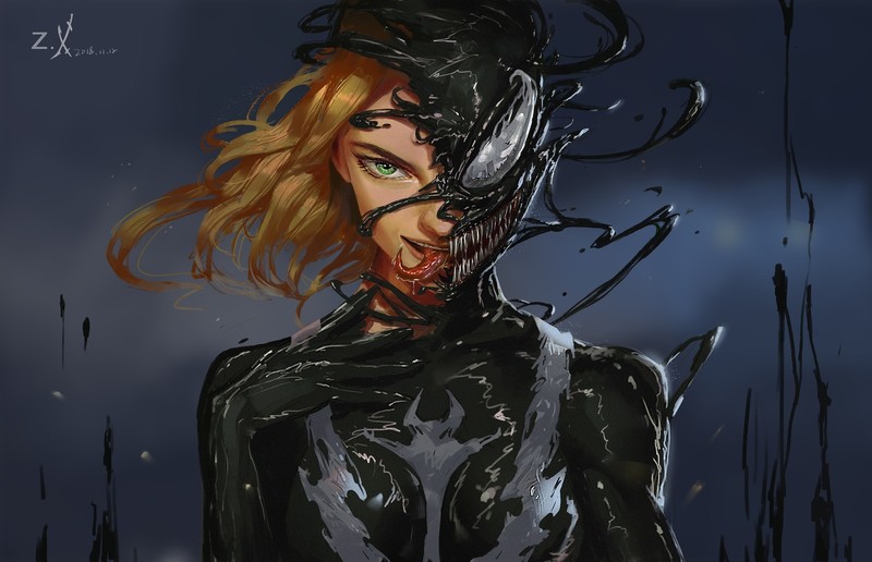 Venom, artwork, women, tongue out, 2018 (Year), green eyes, comic art