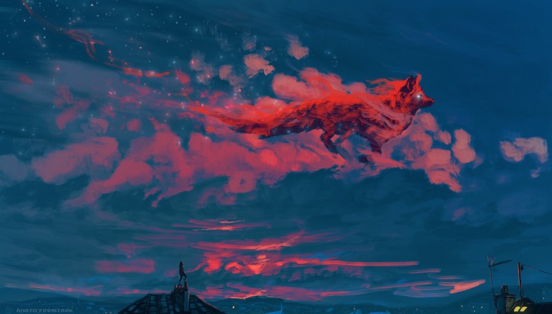 illustration, landscape, sky, clouds, women, fox, fantasy art, painting, Anato Finnstark
