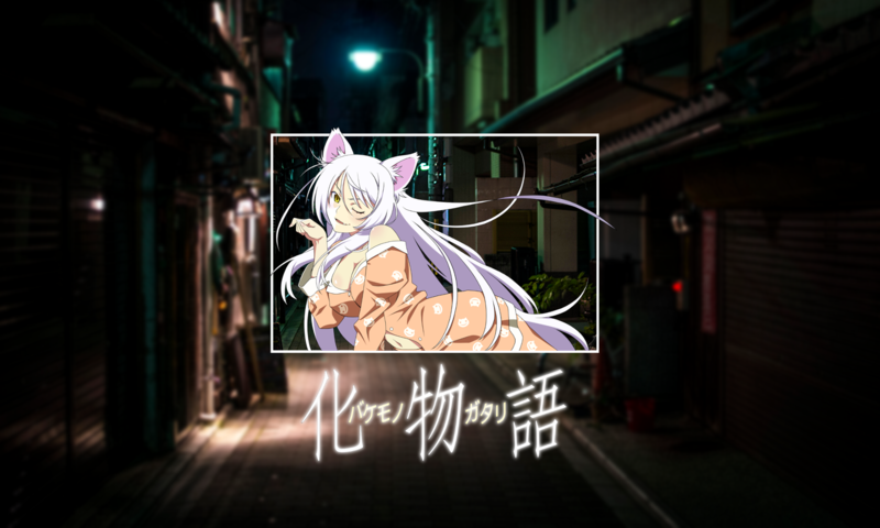 anime, anime girls, Neko Hanekawa, picture-in-picture, city, dark, alleyway, Hanekawa Tsubasa, white hair, white skin, Monogatari Series, cat girl