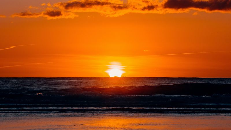 sunset, sun, waves, coast, 4k