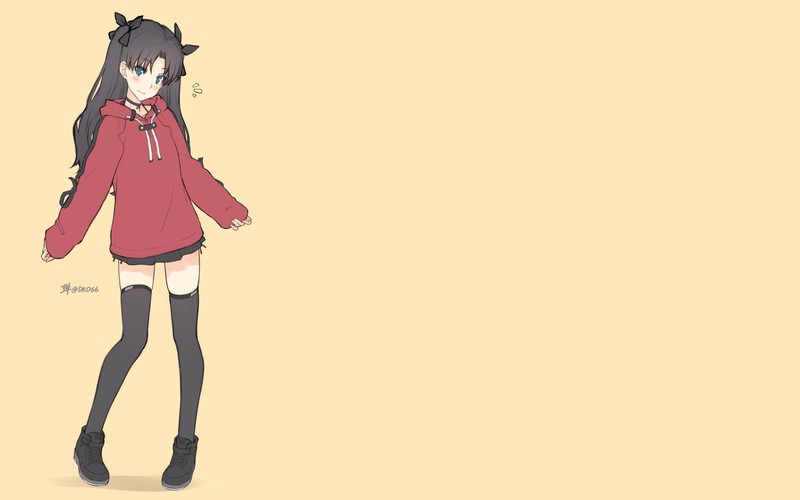 anime, anime girls, Fate Series, Tohsaka Rin, zettai ryouiki, yellow background, black hair, sweater