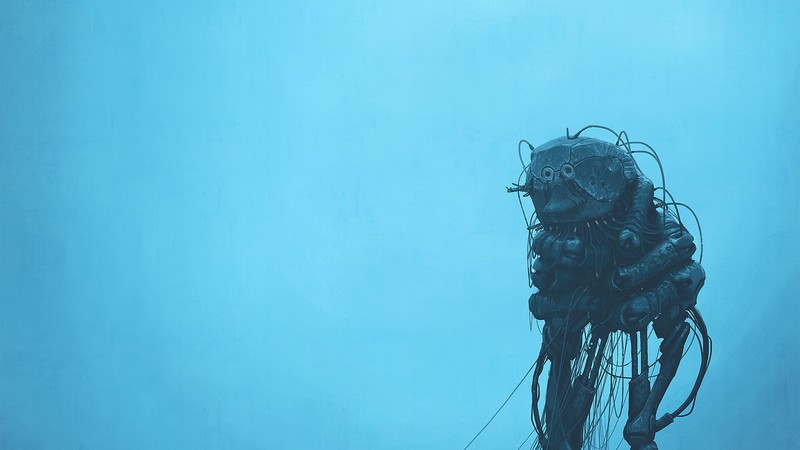 Simon Stålenhag, digital painting, apocalyptic, Robots, robot, cyberpunk, simple background, simple, clear sky, blue background, science fiction, cyan, cyan background