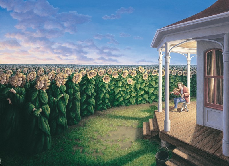 Rob Gonsalves, surreal, artwork, sky, musical instrument, plants
